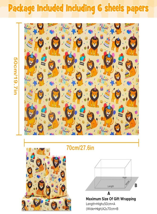 AirCool Lion Wrapping Paper for Boy Kids, Lion Safari Jungle Party Baby Lion King With Birthday Hat and Balloon Wrapping Paper 6 Sheets Foled Flat 20x28 Inches per Sheet, Lion Gift Wrap For Birthday Party - Image 2
